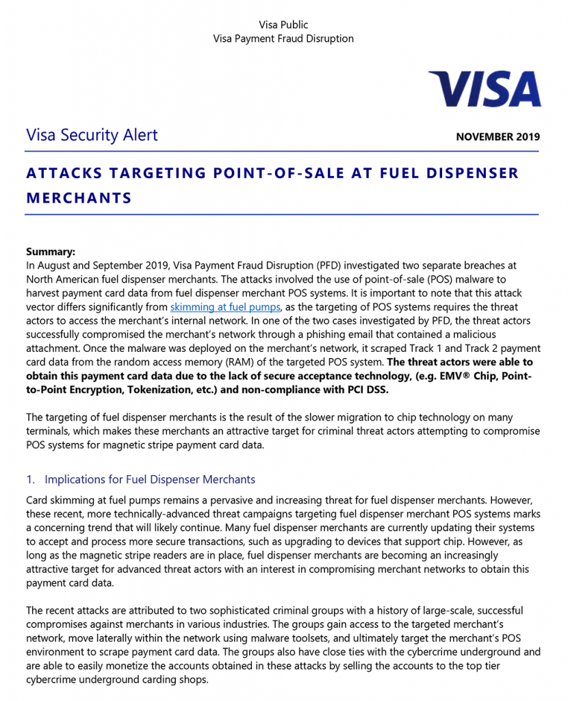 Visa Warns of Malware Attacks on Fuel Dispensers
