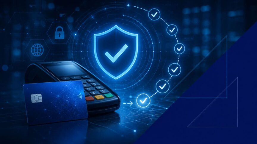 PCI compliance payment security concept with card terminal, shield, checklist icons, and blue geometric triangle accents