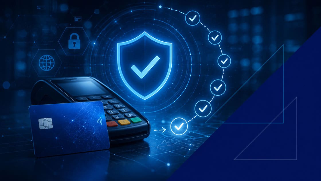 PCI Compliance Payment Security Checklist PCI compliance payment security concept with card terminal, shield, checklist icons, and blue geometric triangle accents