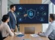 IT professional presenting an enterprise cybersecurity and data breach response strategy to business leaders