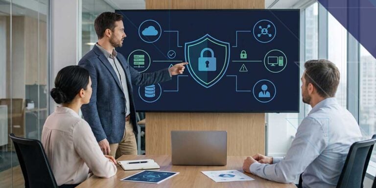 IT professional presenting an enterprise cybersecurity and data breach response strategy to business leaders