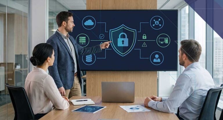 IT professional presenting an enterprise cybersecurity and data breach response strategy to business leaders