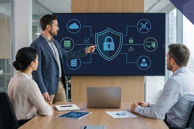 IT professional presenting an enterprise cybersecurity and data breach response strategy to business leaders