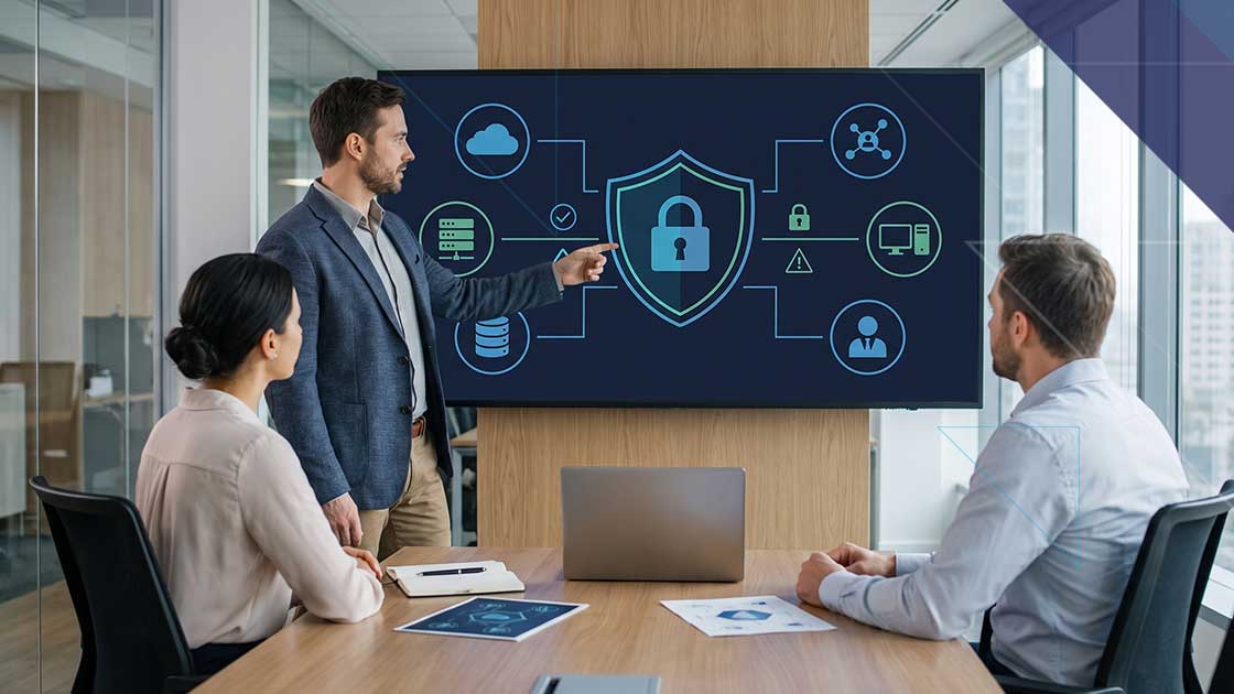 IT professional presenting an enterprise cybersecurity and data breach response strategy to business leaders