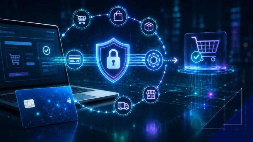 Network tokenization concept showing secure ecommerce checkout, payment card, digital token flow, and connected shopping icons