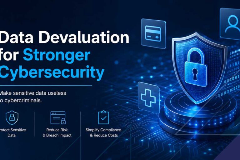 Data Devaluation for Stronger Cybersecurity Data devaluation cybersecurity graphic showing protected payment, personal, and healthcare data secured with encryption and tokenization