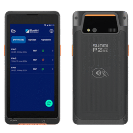 Sunmi P2 Lite SE Mobile SmartPOS Terminal | Bluefin P2PE Device Front and rear views of the Sunmi P2 Lite SE mobile SmartPOS payment terminal