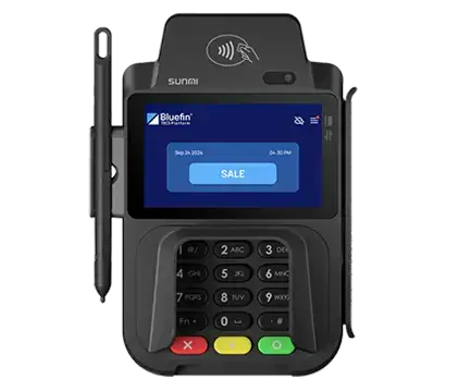 Front view of the Sunmi P2 SMARTPAD payment terminal with touchscreen and keypad