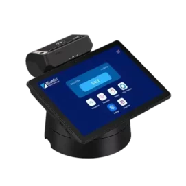 Angled view of the Sunmi P3 MIX all-in-one SmartPOS tablet displaying the Bluefin payment interface