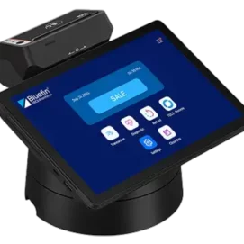 Sunmi P3 MIX All-in-One SmartPOS Tablet | Bluefin P2PE Device Angled view of the Sunmi P3 MIX all-in-one SmartPOS tablet displaying the Bluefin payment interface