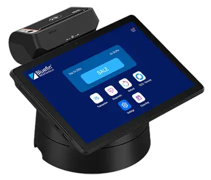 Sunmi P3 MIX All-in-One SmartPOS Tablet | Bluefin P2PE Device Angled view of the Sunmi P3 MIX all-in-one SmartPOS tablet displaying the Bluefin payment interface
