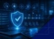 PCI DSS 4.0 compliance dashboard with security shield, checklist, timeline milestones, and payment card interface