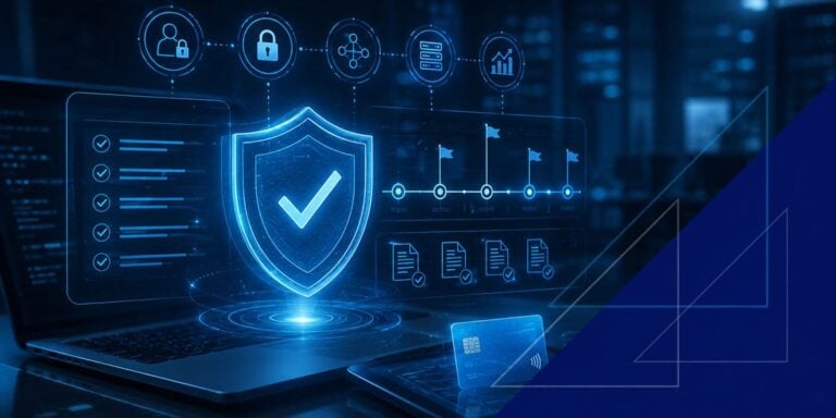 PCI DSS 4.0 compliance dashboard with security shield, checklist, timeline milestones, and payment card interface