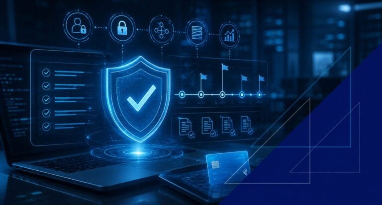 PCI DSS 4.0 compliance dashboard with security shield, checklist, timeline milestones, and payment card interface