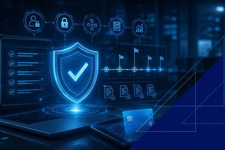 PCI DSS 4.0 compliance dashboard with security shield, checklist, timeline milestones, and payment card interface