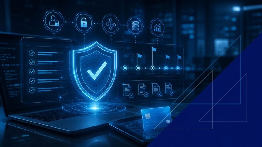 PCI DSS 4.0 compliance dashboard with security shield, checklist, timeline milestones, and payment card interface
