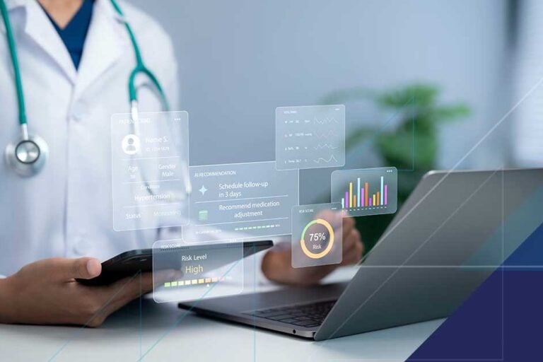 Healthcare professional reviewing patient payment data and security risk information on connected digital systems