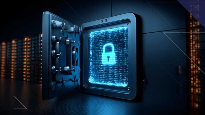 Open digital vault with glowing lock representing secure vaultless tokenization and sensitive data protection