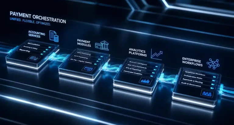 Payment Orchestration Security Risks Connected payment orchestration modules showing enterprise workflows and secure data movement