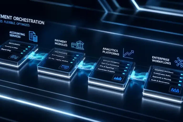 Connected payment orchestration modules showing enterprise workflows and secure data movement