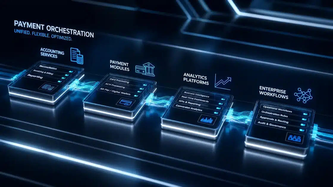 Payment Orchestration Security Risks Connected payment orchestration modules showing enterprise workflows and secure data movement
