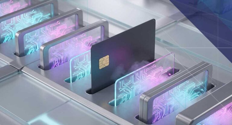 Secure payment card connected to modern retail payment infrastructure representing protection against cyberattacks