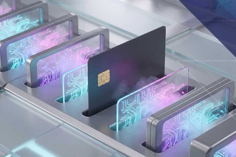 Secure payment card connected to modern retail payment infrastructure representing protection against cyberattacks
