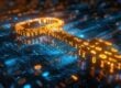 Digital encryption key made from glowing binary code representing AES payment encryption and PCI-validated P2PE security