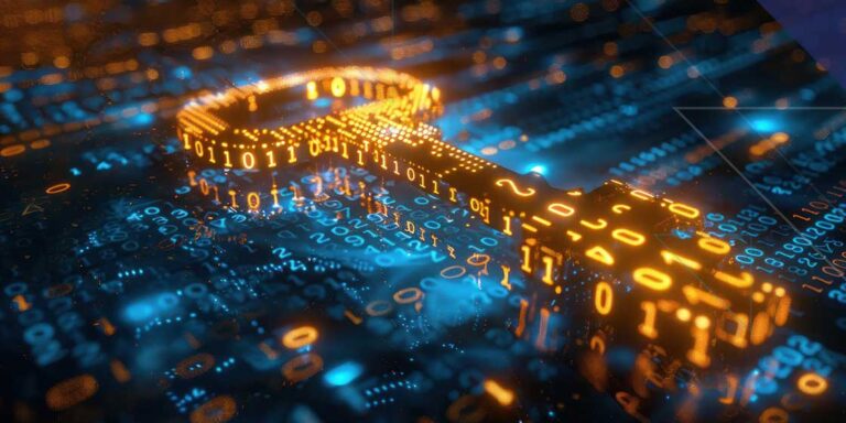 Digital encryption key made from glowing binary code representing AES payment encryption and PCI-validated P2PE security