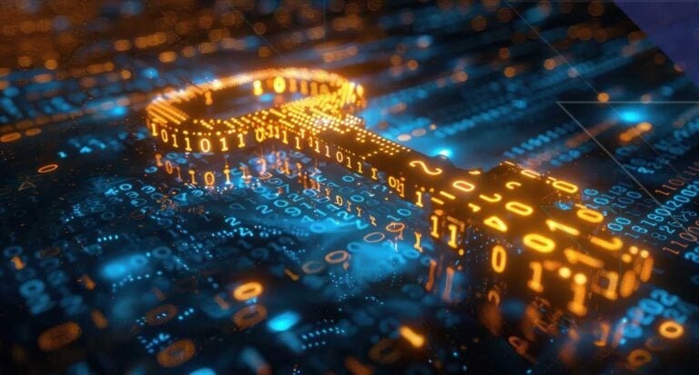 Digital encryption key made from glowing binary code representing AES payment encryption and PCI-validated P2PE security