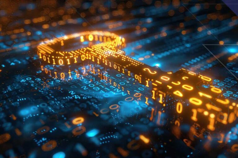 AES Payment Encryption and PCI-Validated P2PE Digital encryption key made from glowing binary code representing AES payment encryption and PCI-validated P2PE security