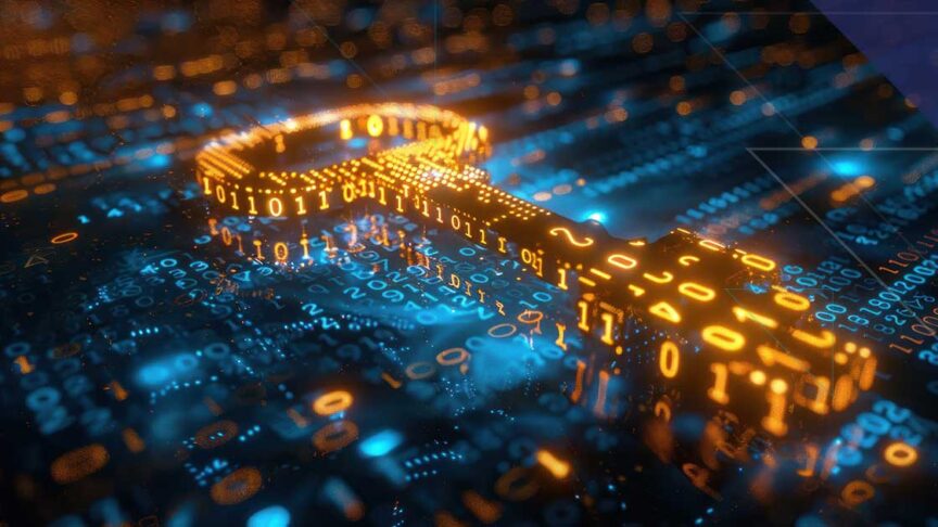 AES Payment Encryption and PCI-Validated P2PE Digital encryption key made from glowing binary code representing AES payment encryption and PCI-validated P2PE security