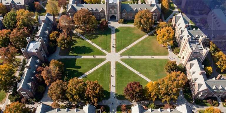 Aerial view of a university campus representing higher education payment environments and PCI scope