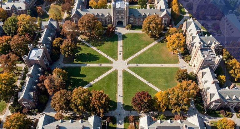 How to Reduce PCI Scope for Higher Education Aerial view of a university campus representing higher education payment environments and PCI scope