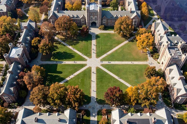 Aerial view of a university campus representing higher education payment environments and PCI scope