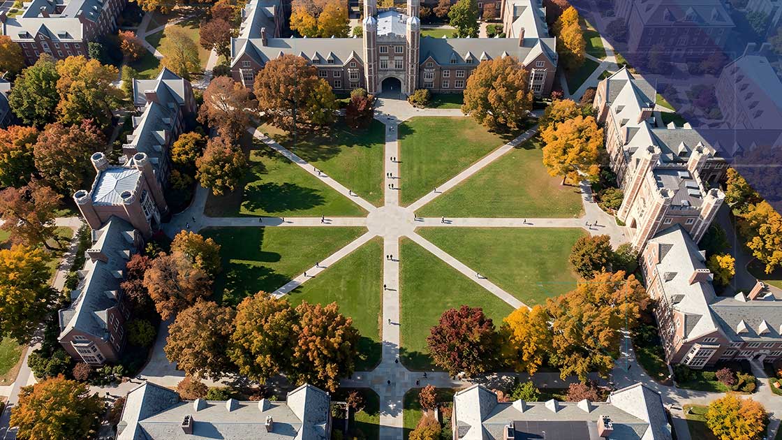 How to Reduce PCI Scope for Higher Education Aerial view of a university campus representing higher education payment environments and PCI scope