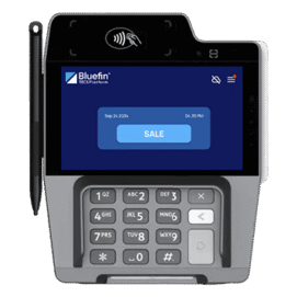 Front view of the Newland P300 retail PIN pad with touchscreen, physical keypad, stylus, and Bluefin payment screen