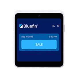 Front view of the compact Newland S30 miniPOS showing the Bluefin payment screen