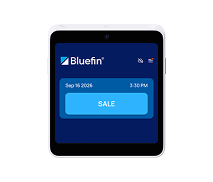 Newland S30 miniPOS | Bluefin P2PE Device Front view of the compact Newland S30 miniPOS showing the Bluefin payment screen