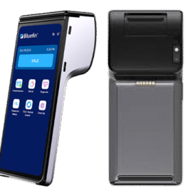 Front and rear views of the Newland S90 Pro SmartPOS terminal with the Bluefin payment interface on its touchscreen
