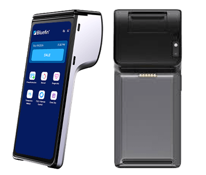 Newland S90 Pro SmartPOS Terminal | Bluefin P2PE Device Front and rear views of the Newland S90 Pro SmartPOS terminal with the Bluefin payment interface on its touchscreen