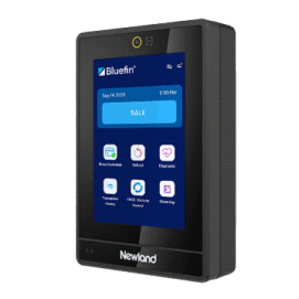 Angled front view of the Newland U200 unattended payment terminal displaying the Bluefin payment interface