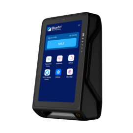 Angled view of the Newland U2000 unattended Android payment terminal showing the Bluefin payment dashboard