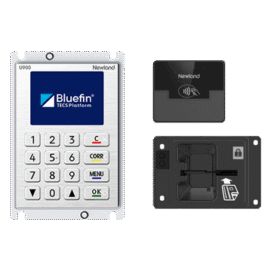 Front, contactless reader, and rear module views of the Newland U900 unattended payment terminal with a Bluefin screen