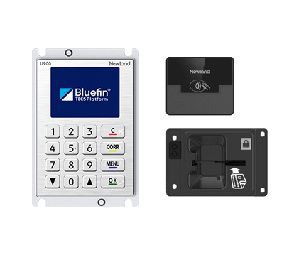 Newland U900 Unattended Terminal | Bluefin P2PE Device Front, contactless reader, and rear module views of the Newland U900 unattended payment terminal with a Bluefin screen