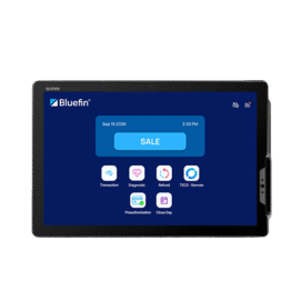 Landscape front view of the Sunmi CPad Pay commercial payment tablet showing the Bluefin payment dashboard