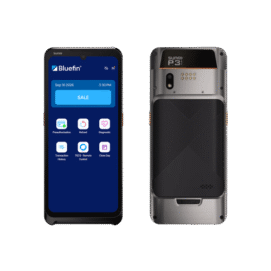 Front and rear views of the Sunmi P3 Air mobile payment terminal with the Bluefin payment interface on screen
