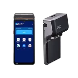 Front and angled rear views of the Sunmi P3H handheld payment terminal displaying the Bluefin payment interface