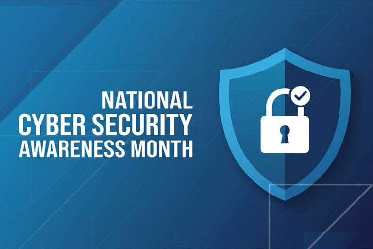 Cybersecurity shield and padlock representing Cybersecurity Awareness Month 2026 and protection of sensitive data